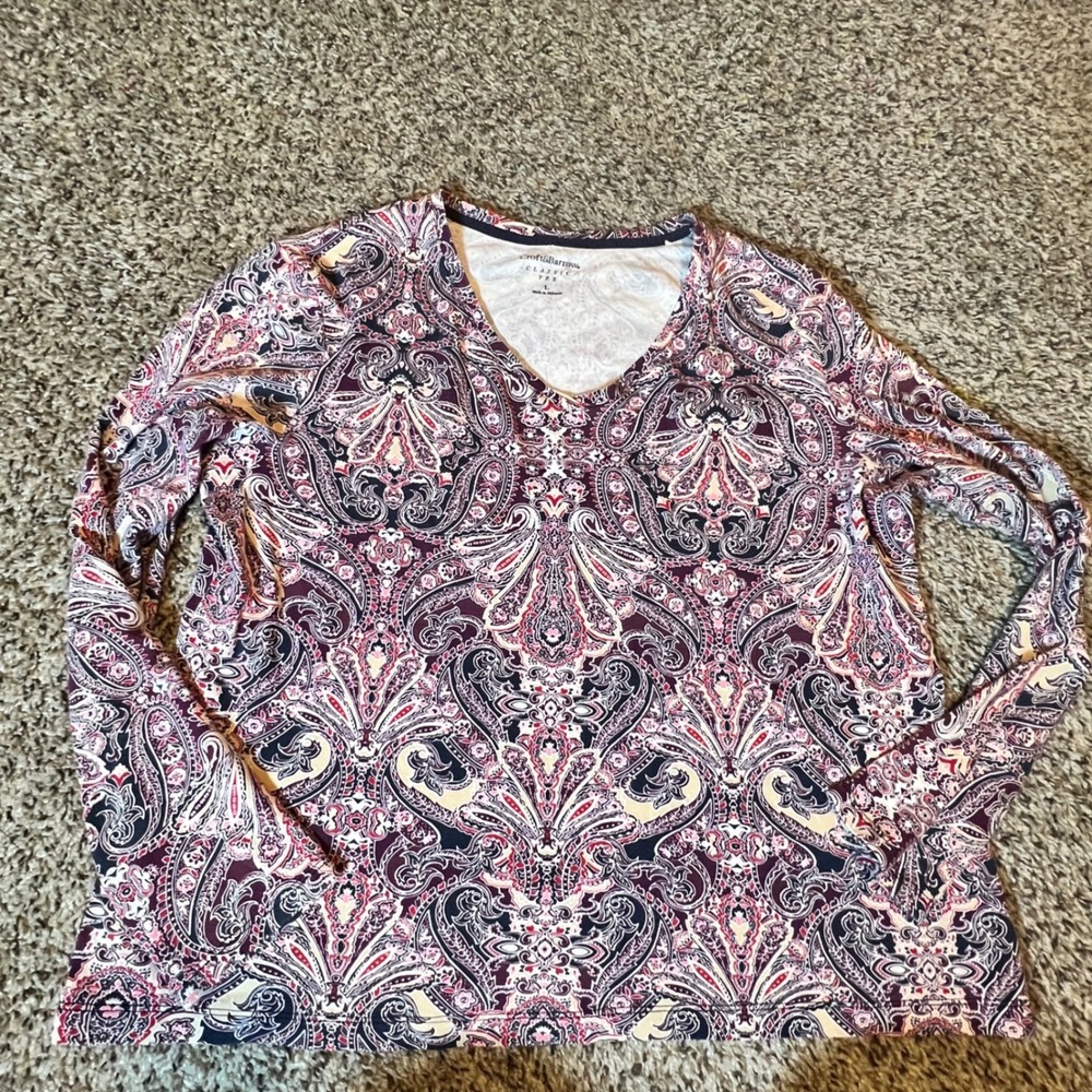 Croft & Barrow Womens Purple Paisley V-Neck Long Sleeve 100% Cotton Tee Large